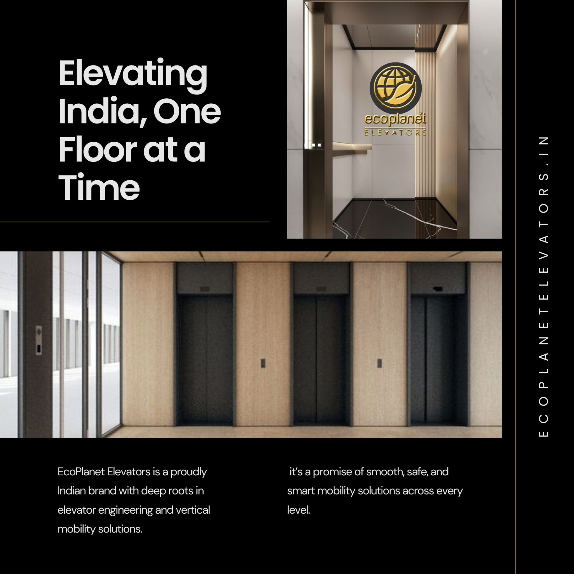 EcoPlanet Elevators – India’s Trusted Brand for Customized Vertical Mobility EcoPlanet Elevators is a proudly Indian brand with deep roots in elevator engineering and vertical mobility solutions. With years of hands-on expertise and innovation, we specialize in crafting customized home and commercial elevators that are designed to meet the unique needs of every space, be it a luxury residence, a modern villa, or a high-demand commercial facility. From machine-room-less lifts to premium home elevators that blend into your interior aesthetics, our elevators are known for their reliability, efficiency, and long-lasting performance. Made in India Tailored elevator designs Advanced safety features Low-maintenance, energy-efficient systems End-to-end installation & service EcoPlanet Elevators isn’t just a product — it’s a promise of smooth, safe, and smart mobility solutions across every level.