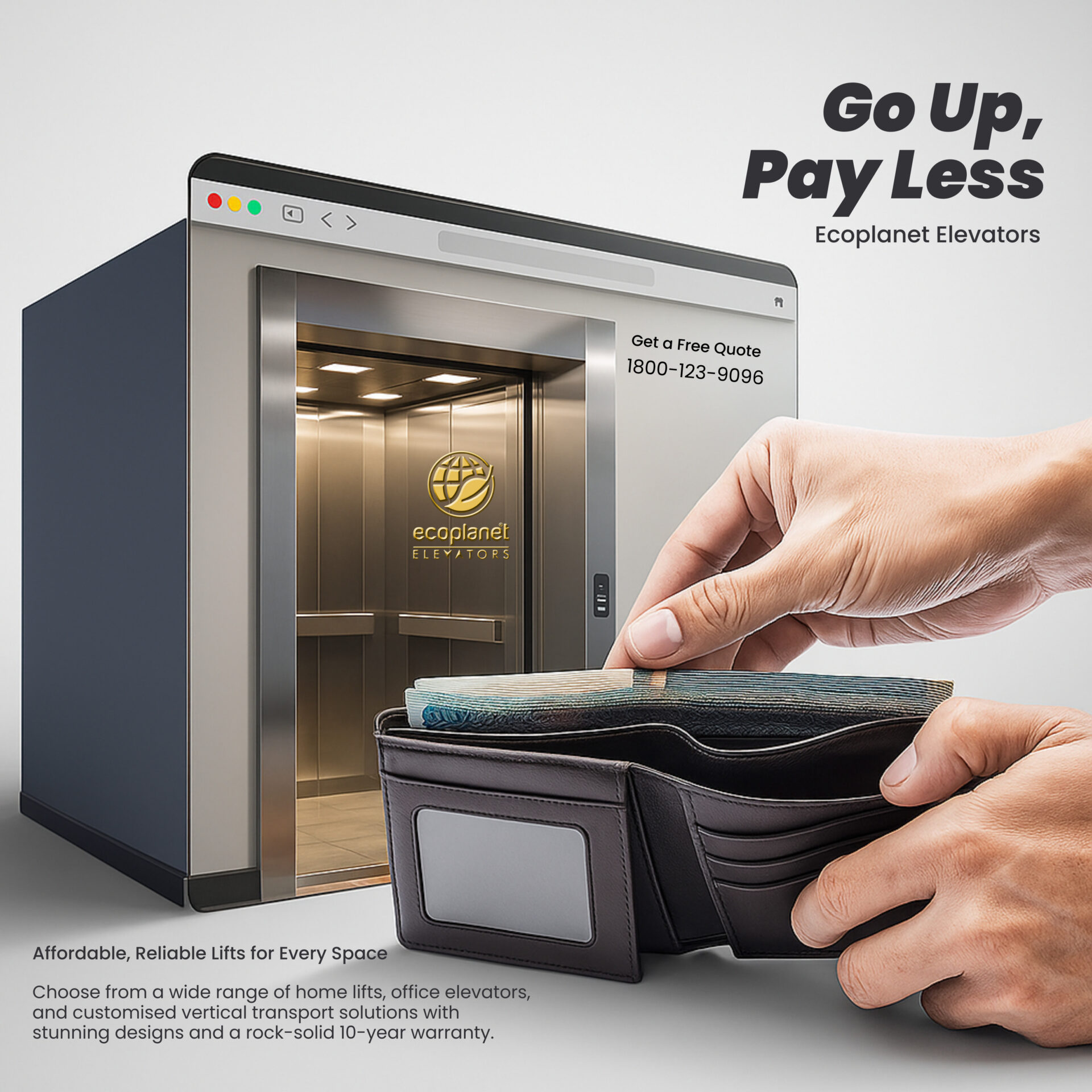 Upgrade your home or office with Ecoplanet Elevators, trusted for affordable pricing, precise engineering, and top-tier safety. Choose from a wide range of home lifts, office elevators, and customized vertical transport solutions with stunning designs and a rock-solid 10-year warranty.