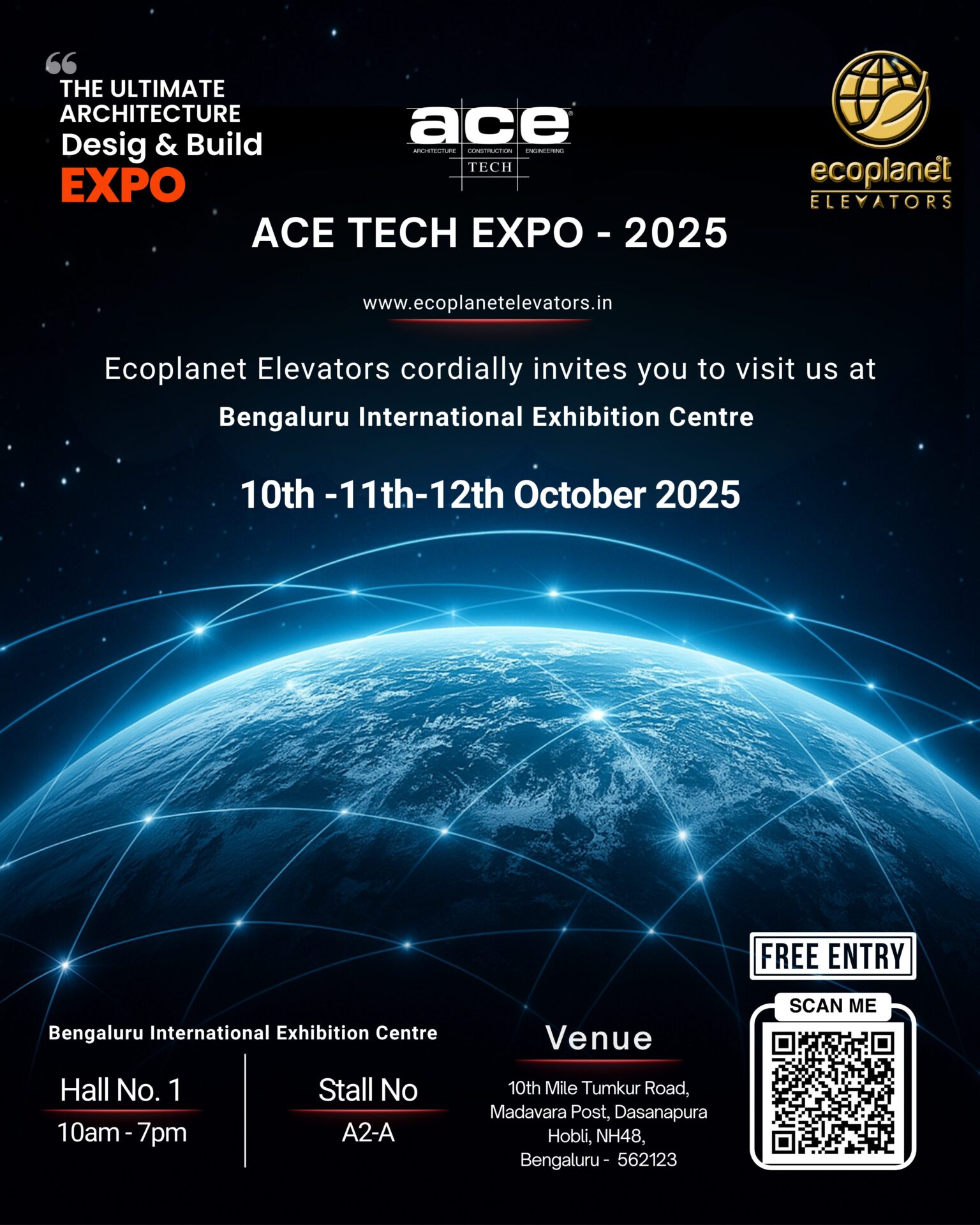 ACE TECH Expo 2025 – Ecoplanet Elevators Invites You to Experience the Future! We’re thrilled to announce our participation at the industry’s premier event - ACE TECH Expo 2025 at Bangalore International Exhibition Centre! Join Ecoplanet Elevators and discover how world-class safety, smart IoT, and German engineering are transforming vertical mobility.
