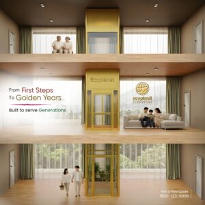 Ecoplanet Elevators: From First Steps to Golden Years!

Built to serve generations with smooth, reliable, and quiet performance.

Ecoplanet Elevators grow with you, custom-crafted for every life chapter from toddler playdates to senior independence, delivering seamless floor-to-floor comfort that lasts generations. Smooth, safe rides match your villa's vibe while whisper-quiet German tech ensures peaceful living at every age, every level.