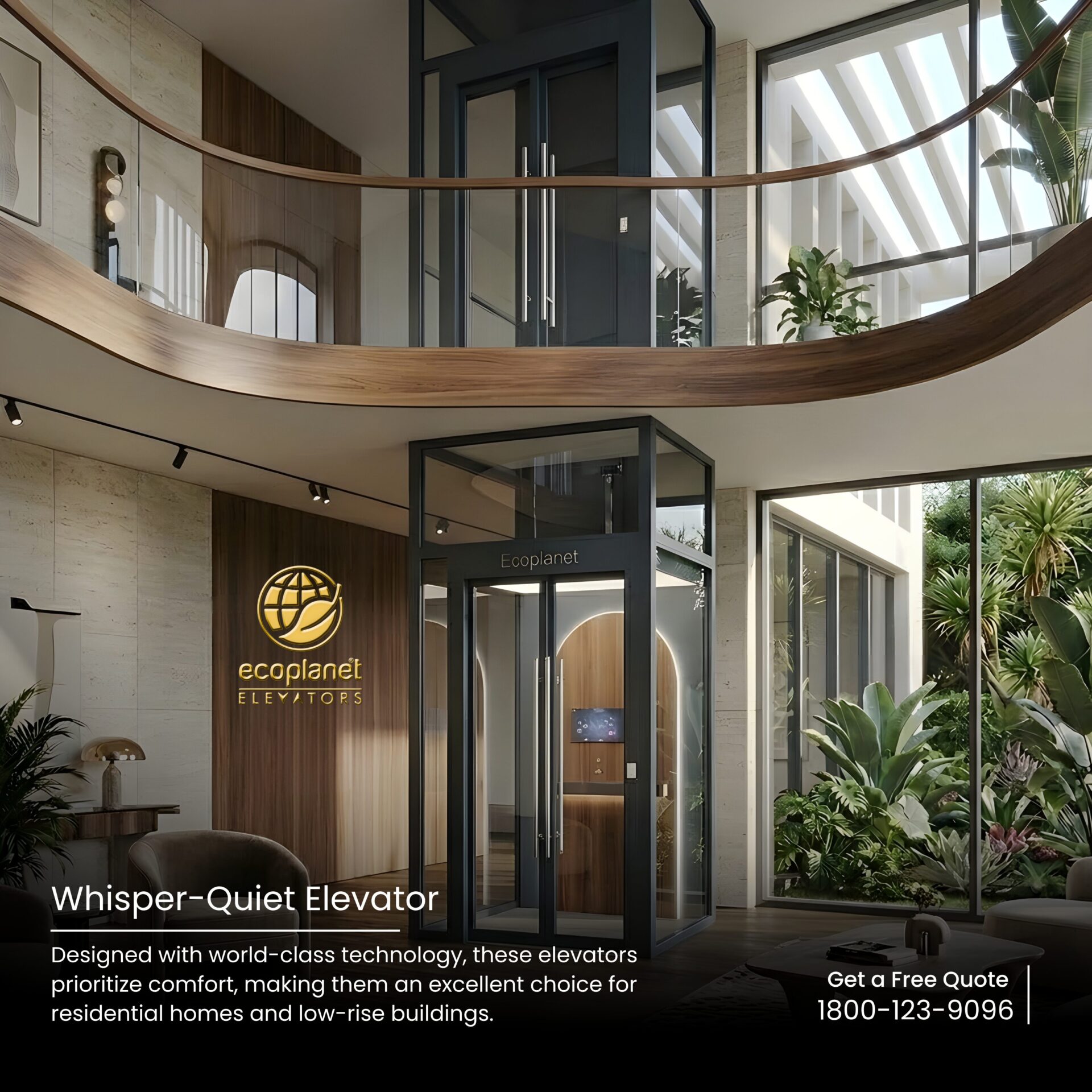 Whisper-Quiet Luxury Elevator in Motion - Ecoplanet Elevators.